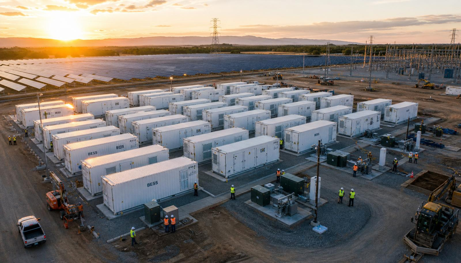 Aerial view of utility-scale BESS containers with solar PV farm at sunset