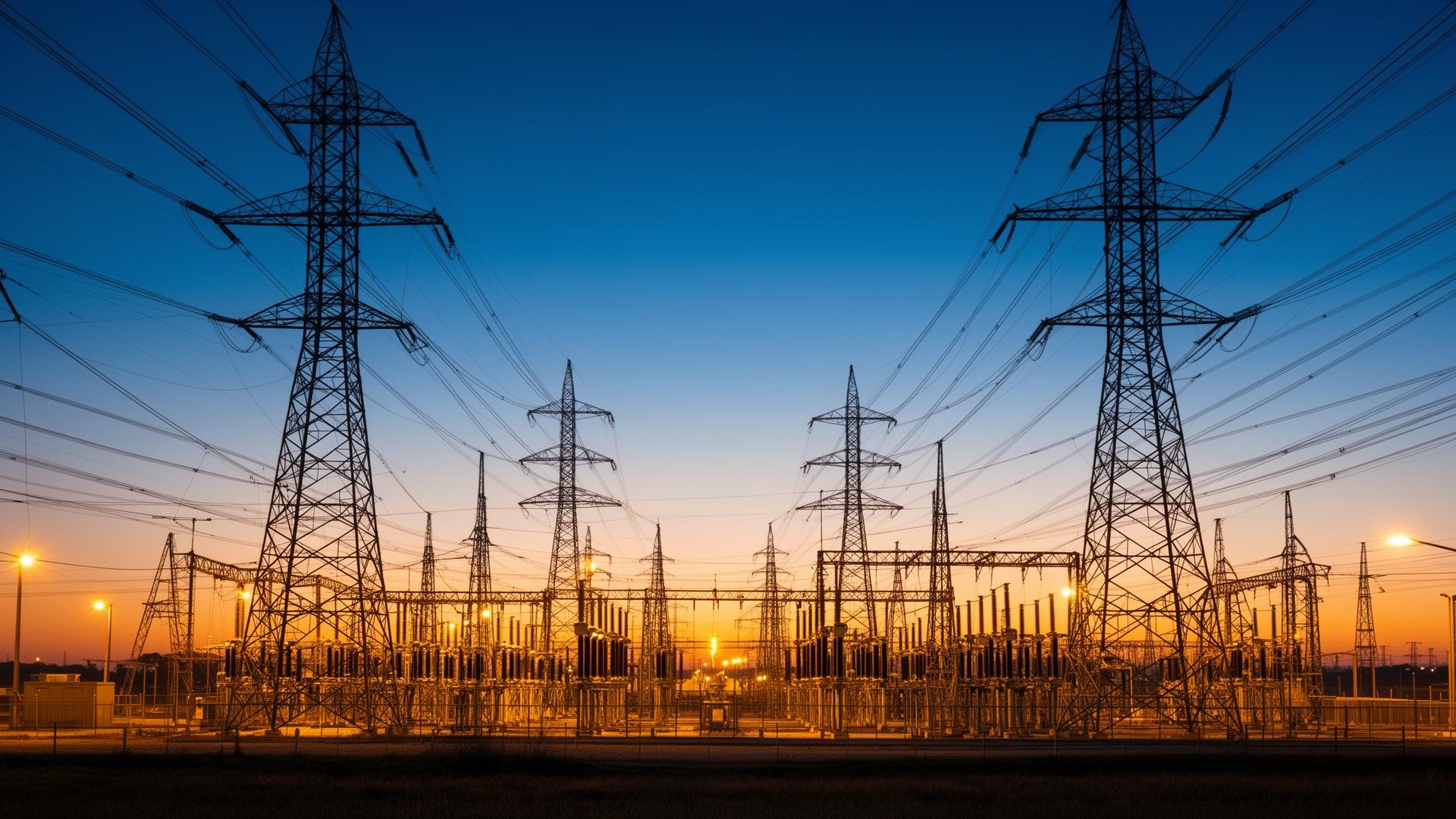 High-voltage transmission infrastructure at twilight